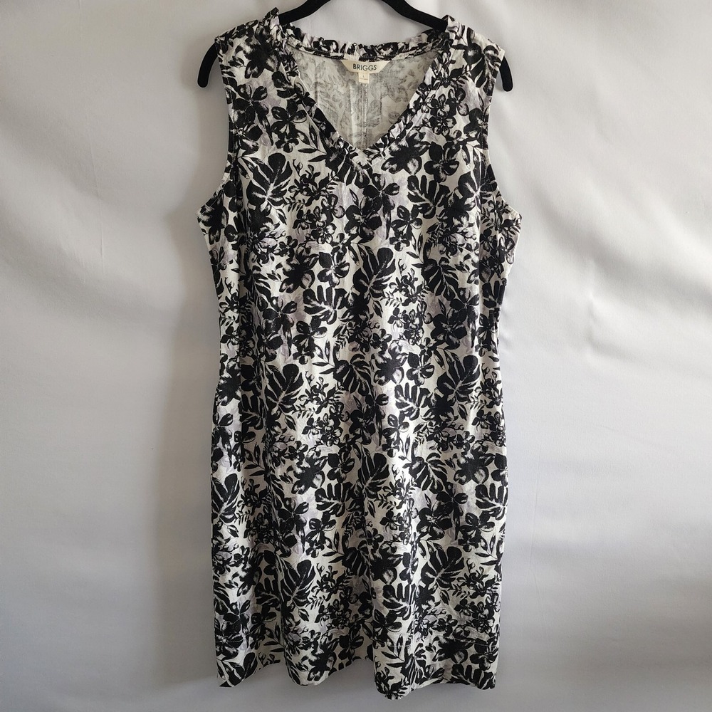 Briggs Womens Black White Floral Linen Blend Ruffle V-Neck Shift Dress L 1669991